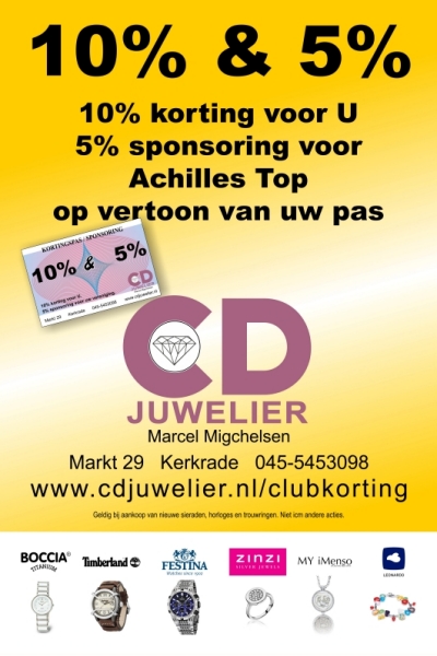Poster voor verenigingen die 5% sponsoring en 10% korting ontvangen van CD Juwelier