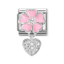 33181401 Zilveren bloem roze met hangend hart zirconia 37
